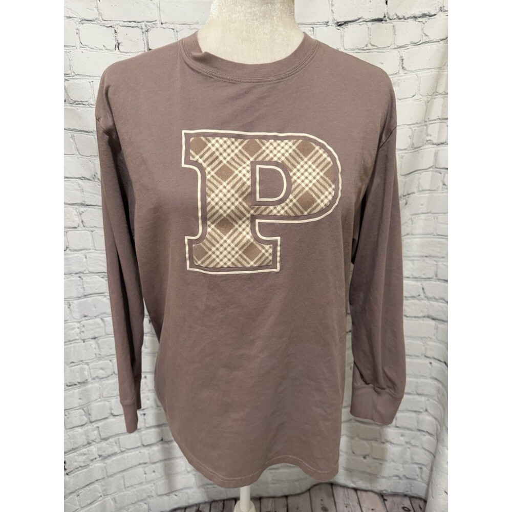 Victorias Secret PINK Varsity Crew Shirt Beige W/Plaid Logo Small